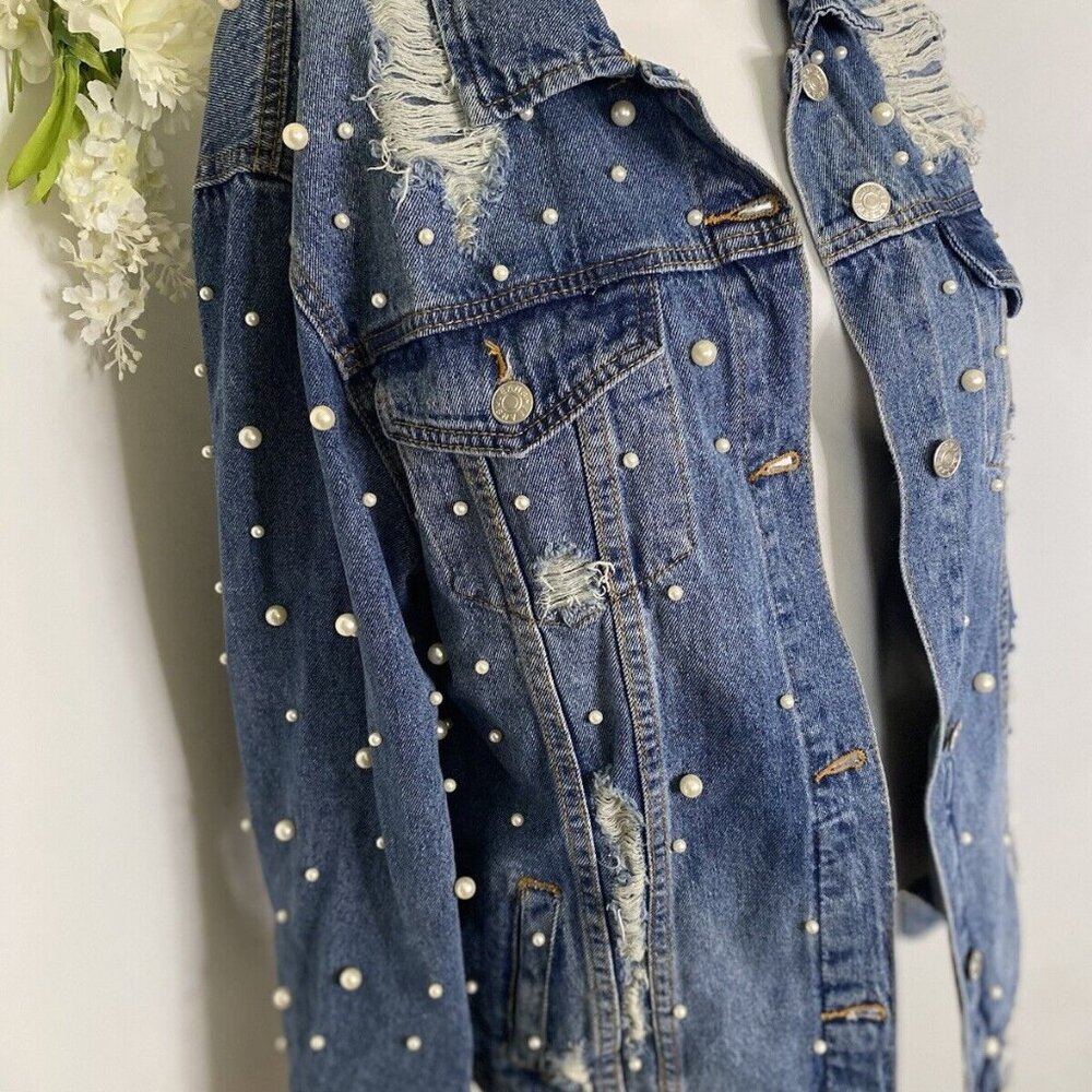 Sunset + Spring Denim Jacket Pearl Embellishment Bride Embroidered‎ Size L NWOT